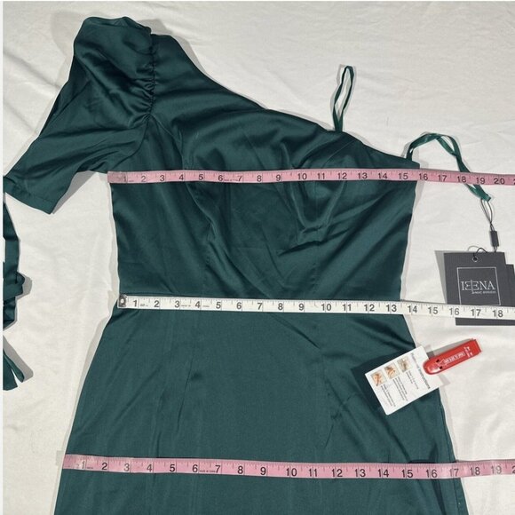 NWT $358 IEENA Mac Duggal [ 4 ] Satin One Shoulder‎ Puff Sleeve Gown Green Q470 - Picture 3 of 16